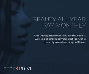 Dark themed image promoting Beauty Aesthetics' monthly membership plans, powered by PRIVI.