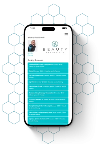 Mobile phone displaying a booking page for Beauty Aesthetics, surrounded by skincare brands.