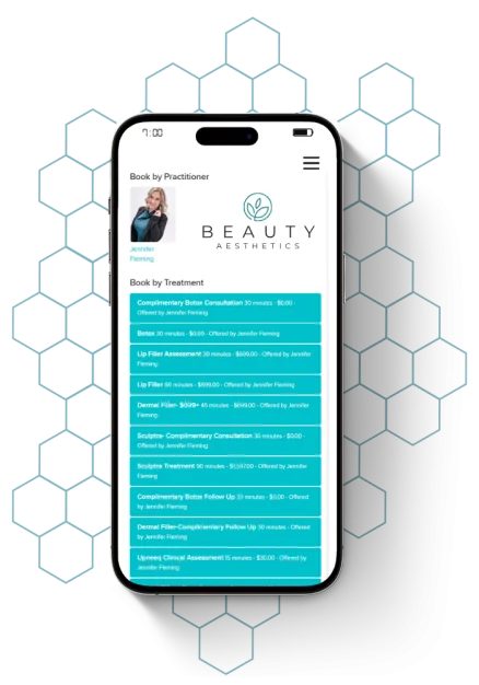 Mobile phone displaying a booking page for Beauty Aesthetics, surrounded by skincare brands.